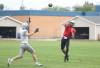 Vincent Massey Vikings quarterback Charlie Gauthier throws the ball with pressure in his face during a preseason game against the Oak Park Raiders at Vincent Massey High School on Thursday. (Rowan McCarthy/The Brandon Sun)