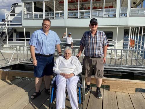 Doug, Ada and David Adams are shown during a day trip to Clear Lake last month. Doug and David attend a support group for adult child caregivers that is offered through the Alzheimer&rsquo;s Society of Manitoba. Ada, 92, was diagnosed with Alzheimer&rsquo;s dementia 10 years ago. (Supplied)