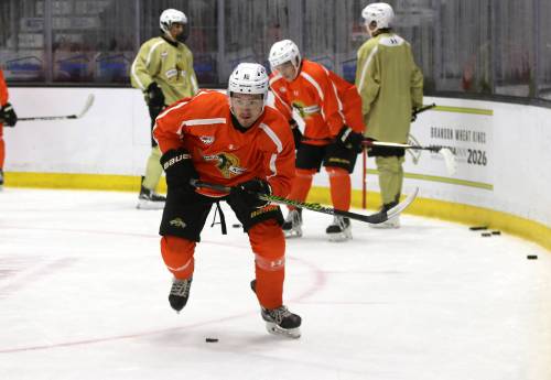 Kade Pierson skates during a Brandon Wheat Kings skills session on Monday afternoon at Assiniboine Credit Union Place. The Albertan is one of a number of forwards competing for a spot on the Western Hockey League roster. (Perry Bergson/The Brandon Sun) Sept. 7, 2026