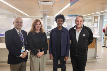 Shared Health CEO Chris Christodoulou (from left), Prairie Mountain Health chief executive officer Treena Slate, Manitoba Health Minister Uzoma Asagwara and Manitoba Agriculture Minister Ron Kostyshyn stand in the waiting area of the emergency department at Dauphin Regional Health Centre on Monday afternoon. (Abiola Odutola/The Brandon Sun)