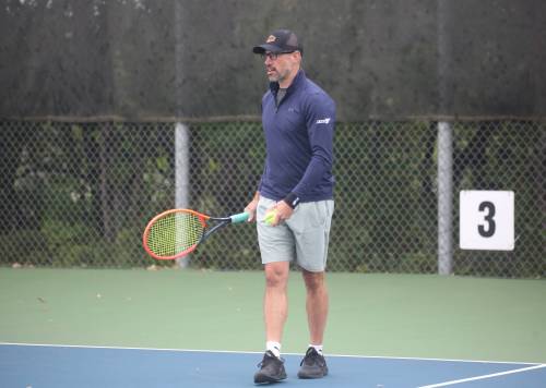 Chris Fortier, president of the Wheat City Tennis Club, warms up for a friendly match on Tuesday. He and others make ample use of the club courts that the group is looking to renovate with the help of the city. (Rowan McCarthy/The Brandon Sun)
