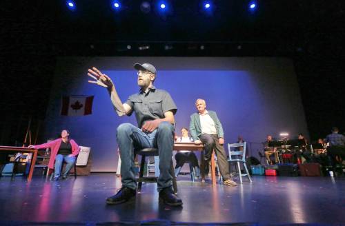 Actor Jordan Elliott, playing Oz in the Mecca Productions rendition of the musical &ldquo;Come From Away,&rdquo; gestures during the opening musical number at a dress rehearsal on Wednesday evening at the Western Manitoba Centennial Auditorium. The production opens tonight at 7:30 p.m., with further performances on Friday, Saturday and Sunday. (Photos by Matt Goerzen/The Brandon Sun)
