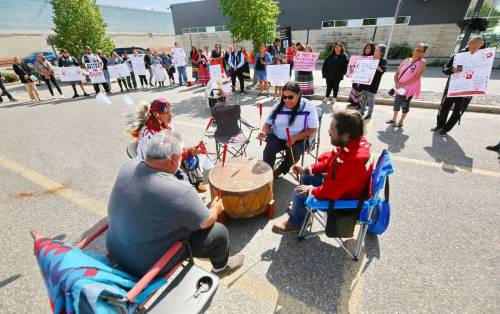 A drum group performs in the parking lot outside the Brandon Police Service headquarters on Wednesday afternoon, during a second protest calling for justice for Cassity Delvenne, a 24-year-old Brandon woman who died on June 21. Close to 70 protesters, including friends and family of Delvenne, renewed calls for an independent investigation into the woman&rsquo;s death. (Photos by Matt Goerzen/The Brandon Sun)