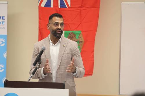 Progressive Conservative Leader Obby Khan speaks during a public reception at Credit Union Place in Dauphin on Thursday evening. (Alex Lambert/The Brandon Sun)