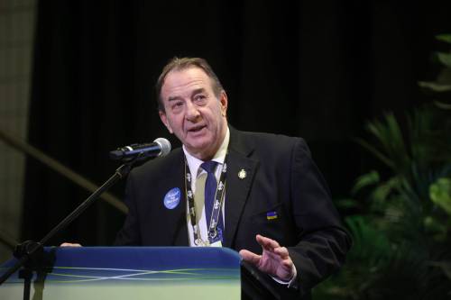 Provincial Agriculture Minister Ron Kostyshyn speaks during Manitoba Ag Days 2026 at the Keystone Centre in January. Kostyshyn says soybeans were a 