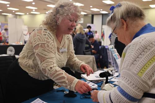 Display tables at the annual Health Checks expo at the Keystone Centre on Tuesday provided information about health-care organizations and resources available to seniors. (Rylee Gerrard/The Brandon Sun)