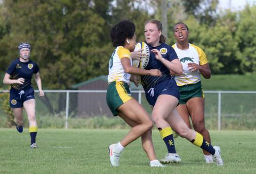 Madi Vandal scored three tries as the Brandon University women&rsquo;s rugby team beat the University of Regina 69-17 at John Reilly Field on Saturday. (Thomas Friesen/The Brandon Sun)