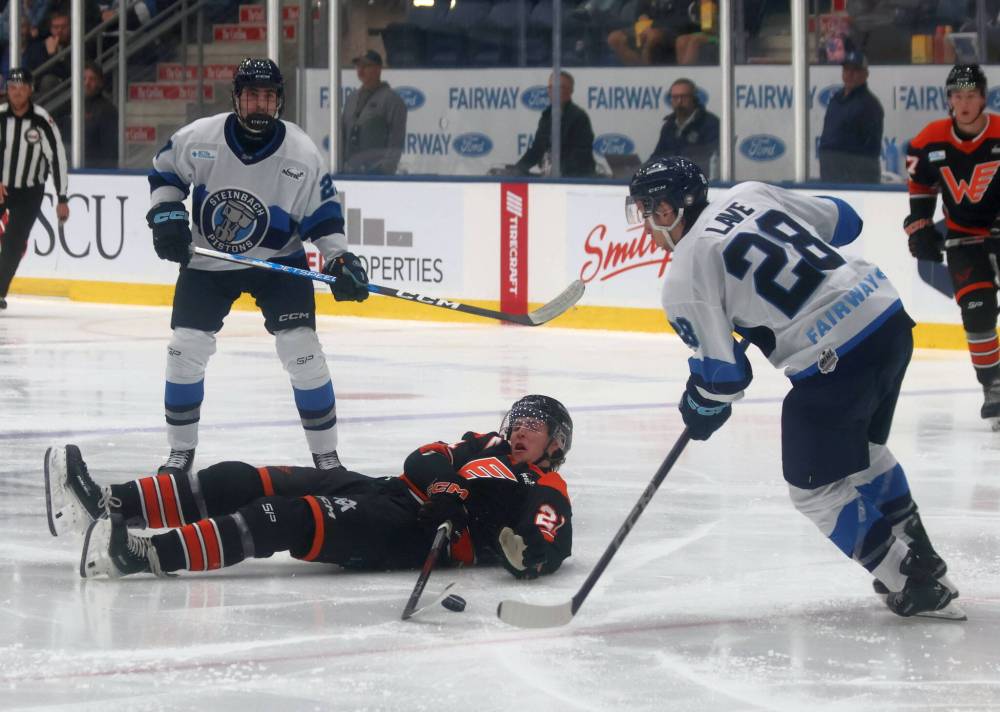 Cassidy Dankochik / The Carillon
                                Forward Connor Rieger (centre) and the rest of the Winkler Flyers were off the pace set by the Steinbach Pistons last Friday as the puck dropped on the MJHL&rsquo;s regular season.
