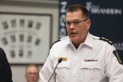 Brandon Police Service Chief Tyler Bates speaks at Monday&rsquo;s city council meeting. Bates said the primary aim of the review is to &ldquo;make sure the calibre of our training is the highest standard.&rdquo; (Alex Lambert/The Brandon Sun)