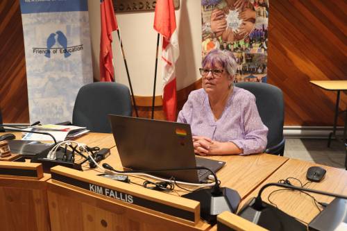 Trustee Kim Fallis sits in the J.L. Milne boardroom in the Brandon School Division administrative office on Friday afternoon. (Abiola Odutola/The Brandon Sun)