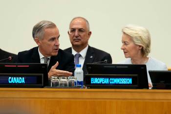 Prime Minister Mark Carney and European Commission President Ursula von der Leyen attend a high-level pledging event for the OceanEye International Alliance in support of the Global Ocean Observing System (GOOS), on Wednesday. (The Canadian Press files)