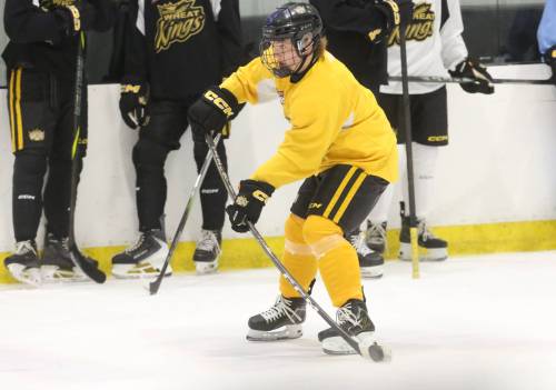Kale Nicol makes a pass during practice at J&G Homes Arena on Tuesday. Nicol received exceptional status to join the team at 14, after breaking Jonathan Toews' points-per-game record at the U15 level. (Rowan McCarthy/The Brandon Sun)