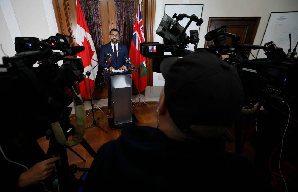 Khan announces his resignation as PC leader to Winnipeg media in his legislature office on Monday. (Photos by John Woods/Winnipeg Free Press)