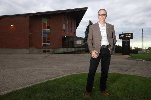 Kevin Chambers, Ward 3 candidate for Brandon city council, stands outside Calvary Temple Brandon in Brandon&rsquo;s west end on Monday morning. (Tim Smith/The Brandon Sun)