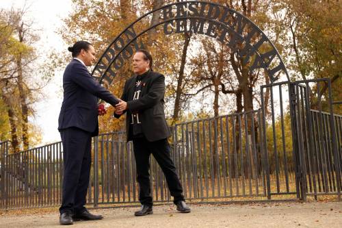 Premier Wab Kinew and Manitoba Keewatinowi Okimakanak Grand Chief Garrison Settee shake hands after unveilling a sign at the Brandon Residential School Cemetery at the former Turtle Crossing Campground along Grand Valley Road on Tuesday. The province announced Tuesday that they had purchased the former campground in partnership with the City of Brandon. The sign acknowledges the significance of the site. (Tim Smith/The Brandon Sun)