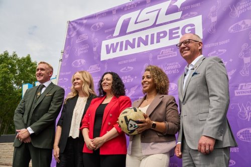 Northern Super League Winnipeg expansion team co-founder Rob Gale, left to right, Manitoba President of the NSL Christina Litz, Minister of Sport Nellie Kennedy, NSL Winnipeg expansion team co-founder Desiree Scott, and Winnipeg Mayor Scott Gillingham pose for a photo following the announcement of a Northern Super League Winnipeg expansion team in Winnipeg on Tuesday July 14, 2026.   THE CANADIAN PRESS/David Lipnowski
