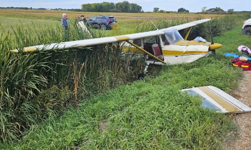 A plane is seen that went off a runway during an airshow at Portage la Prairie Airport on Sept. 20, 2026.  - THE CANADIAN PRESS/Handout -  RCMP  (Mandatory Credit)