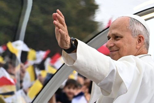 Pope Leo XIV waves to the crowd on the Champs Elysees avenue before a mass at the Place de la Concorde in Paris, Saturday, Sept. 26, 2026. (AP Photo/Emma Da Silva)