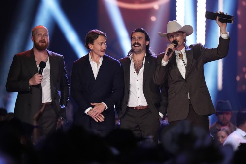 Taylor Abram, left to right, Bobby Martin, Connor Stephen and James Barker, of the James Barker Band, accept the Group or Duo of the Year award at the Canadian Country Music Association Awards, in Kelowna, B.C., on Saturday, Sept. 13, 2025. THE CANADIAN PRESS/Darryl Dyck