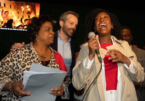 Liberal candidate Tatiana Auguste, right, speaks to supporters with from left to right Minister of Health Marjorie Michel and Government Transformation, Public Works and Procurement Minister Joel Lightbound at her party's federal byelection night gathering in Terrebonne, Que., on Tuesday, April 14, 2026. THE CANADIAN PRESS/Christinne Muschi