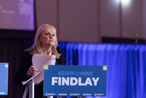 B.C. Conservative leadership candidate Kerry-Lynne Findlay looks on during a debate at the Canada Strong and Free Network conference in Vancouver on Friday, April 24, 2026. Findlay went on to win the leadership contest but resigned on Sunday after weeks of upheaval in the caucus. THE CANADIAN PRESS/Chad Hipolito