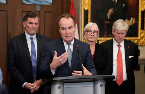 Canada-U.S. Trade Minister Dominic LeBlanc, Jobs and Families Minister Patty Hajdu and Energy and Natural Resources Minister Tim Hodgson listen to Steven MacKinnon, leader of the government in the House of Commons, respond to a question during a news conference in the Foyer of the House of Commons in Ottawa on Monday, Sept. 21, 2025. THE CANADIAN PRESS/Adrian Wyld
