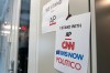 A sign in support of news outlets is seen at the White House press room, Sept. 19, 2026, in Washington. (AP Photo/Jose Luis Magana)
