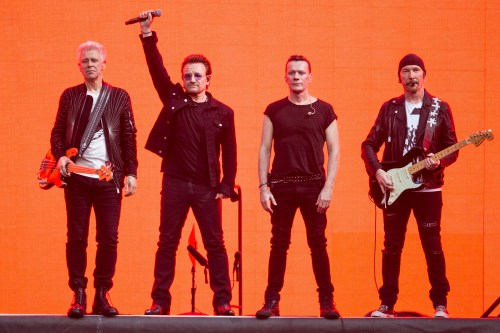 FILE - Adam Clayton, from left, Bono, Larry Mullen Jr. and The Edge, of the band U2, perform on stage at Twickenham Stadium in London on July 9, 2017. (Photo by Joel Ryan/Invision/AP, File)
