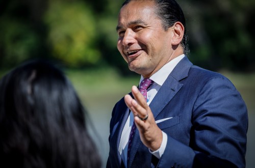 Manitoba premier Wab Kinew announced funding for geothermal heating in new developments at the University of Manitoba in Winnipeg, Wednesday, Sept. 9, 2026. THE CANADIAN PRESS/John Woods