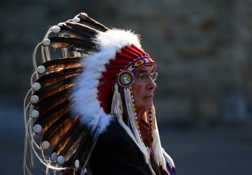 Residential school survivor Chief Wilton Littlechild takes part in the site selection ceremony for the Residential Schools National Monument on Parliament Hill in Ottawa on Tuesday, June 20, 2023. THE CANADIAN PRESS/Sean Kilpatrick