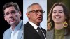 This composite image shows, left to right, B.C. NDP Leader David Eby in Vancouver, on April 13, 2026; B.C. Conservative interim Leader Lorne Doerkson, in Vancouver, on Sept. 22, 2026; B.C. Green Party Leader Emily Lowan in Victoria, on Sept. 23, 2026. THE CANADIAN PRESS/Darryl Dyck, Rich Lam, Kevin Light