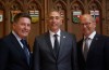 Senators Pierre Moreau, left to right, Richard Martel and Claude Carignan pose for a photo ahead of Martel's swearing-in at the Senate of Canada, in Ottawa on Monday, Sept. 28, 2026. THE CANADIAN PRESS/Patrick Doyle