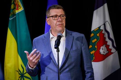 Saskatchewan Premier Scott Moe speaks to the media at a meeting of western premiers in Kananaskis, Alta., Monday, May 25, 2026. THE CANADIAN PRESS/Jeff McIntosh