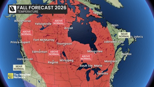 A milder-than-normal fall is in the forecast for much of Canada, as shown in this handout 2026 fall forecast map provided by The Weather Network. THE CANADIAN PRESS/Handout - The Weather Network (Mandatory Credit)