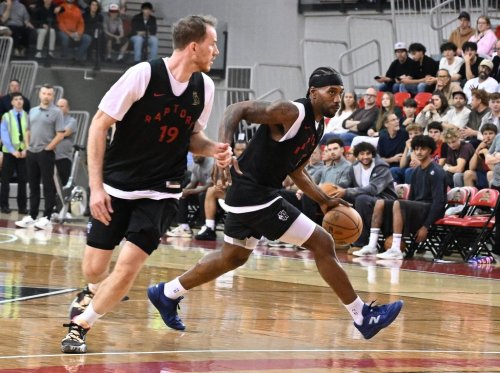 Toronto Raptors Kawhi Leonard and Jakob Poeltl, during NBA basketball training camp action in Quebec City, Thursday, Oct. 1, 2026. THE CANADIAN PRESS/Jacques Boissinot