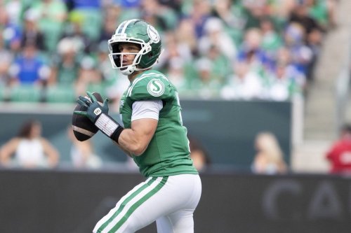 Saskatchewan Roughriders quarterback Trevor Harris looks to make a pass during first-half CFL action against the Winnipeg Blue Bombers in Regina on Sept. 6, 2026. THE CANADIAN PRESS/Kayle Neis