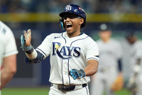 Tampa Bay Rays' Richie Palacios celebrates after hitting a two-run single during the fifth inning in Game 2 of an American League Division Series baseball game against the New York Yankees Monday, Oct. 5, 2026, in St. Petersburg, Fla. (AP Photo/Chris O'Meara)