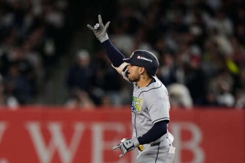 Tampa Bay Rays' Victor Mesa Jr. celebrates his two-run home run during the sixth inning in Game 3 of baseball's American League Division Series against the New York Yankees, Wednesday, Oct. 7, 2026, in New York. (AP Photo/Seth Wenig)