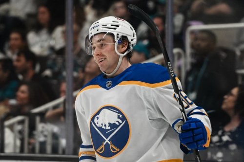 FILE - Buffalo Sabres center Noah Ostlund (86) reacts after scoring a goal against the San Jose Sharks during the second period of an NHL hockey game Thursday, March 19, 2026, in San Jose, Calif. (AP Photo/Thien-An Truong, file)