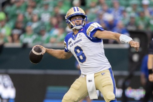 Winnipeg Blue Bombers quarterback Zach Collaros (8) throws the ball during first half CFL football action against the Saskatchewan Roughriders, in Regina on Sunday, Sep. 6, 2026. THE CANADIAN PRESS/Kayle Neis