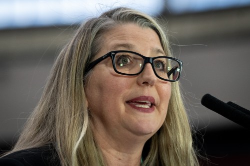 B.C. Minister of Tourism, Arts, Culture and, Sport, Lana Popham speaks during a FIFA World Cup 2026 update in Vancouver, Tuesday, April 30, 2024. THE CANADIAN PRESS/Ethan Cairns