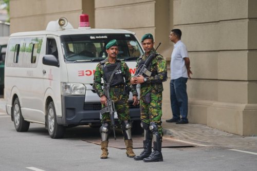 Police commandos stand guard at the High Court complex ahead of a verdict related to the 2019 Easter bombings in Colombo, Sri Lanka, Tuesday, Sept. 22, 2026.(Eranga Jayawardane)