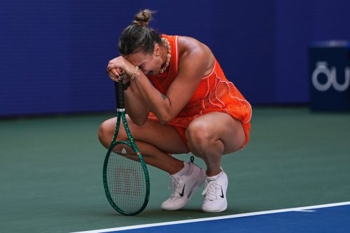 Aryna Sabalenka, of Belarus, reacts during a match against Linda Noskova, of the Czech Republic, during the quarterfinal round of the U.S. Open tennis championships, Tuesday, Sept. 8, 2026, in New York. (AP Photo/Seth Wenig)