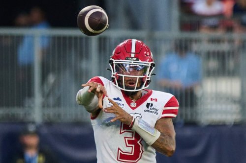 Calgary Stampeders quarterback Vernon Adams Jr. (3) passes during first half CFL football action against the Toronto Argonauts in Toronto, on Thursday, Aug. 6, 2026. THE CANADIAN PRESS/Sammy Kogan
