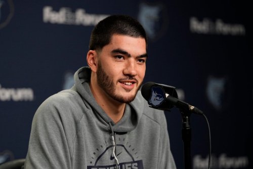 Memphis Grizzlies centre Zach Edey speaks during the NBA basketball team's media day Monday, Sept. 28, 2026, in Memphis, Tenn. (AP Photo/George Walker IV)