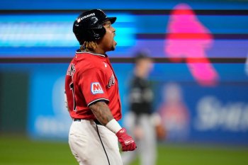Cleveland Guardians third baseman José Ramírez celebrates after hitting a home run in the fourth inning of Game 5 of baseball's American League Division Series against the Chicago White Sox, Saturday, Oct. 10, 2026, in Cleveland. (AP Photo/Sue Ogrocki)