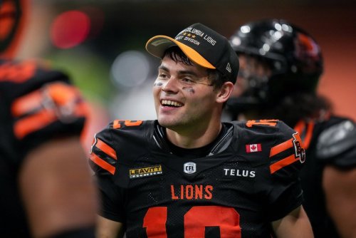 B.C. Lions quarterback Nathan Rourke smiles on the sideline during the second half of a CFL football game against the Ottawa Redblacks in Vancouver on Friday, Oct. 9, 2026. THE CANADIAN PRESS/Darryl Dyck