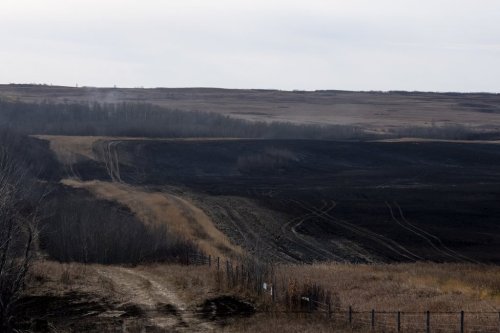The burned area on CFB Wainwright is pictured south of the town of Wainwright, Alta, on Monday, Oct. 19, 2026. THE CANADIAN PRESS/Christopher Katsarov
