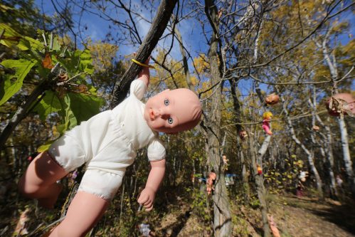 A doll hangs in the haunted forest. (Connor McDowell/The Brandon Sun)
