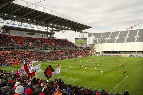 Toronto FC take on the New York Red Bulls during their home opener in MLS action at BMO Field in Toronto, Saturday, March 14, 2026, against the back drop of the development of a new stand being built for the stadium's hosting of games at the FIFA 2026 World Cup. THE CANADIAN PRESS/Chris Young